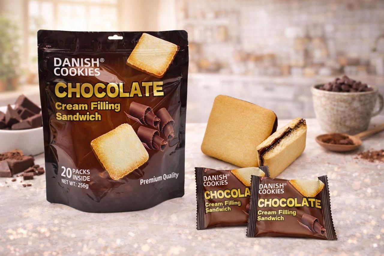 Danish Chocolate Cream Filling Sandwich Cookies 256g | Crispy &amp; Creamy Chocolate Treat